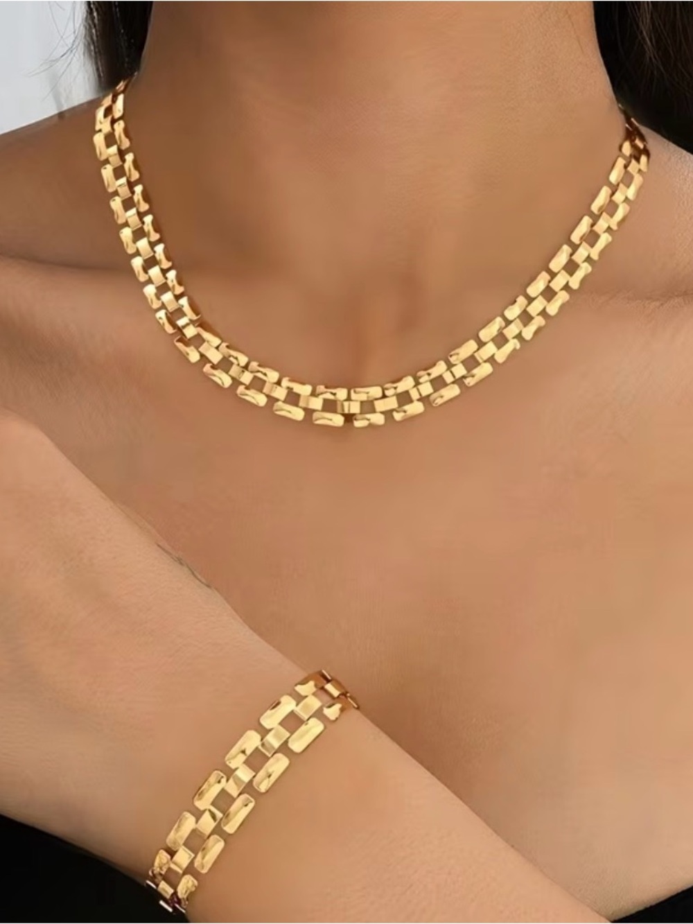 Polished Gold Box-Link Necklace and Bracelet Set - Women's Designer Style